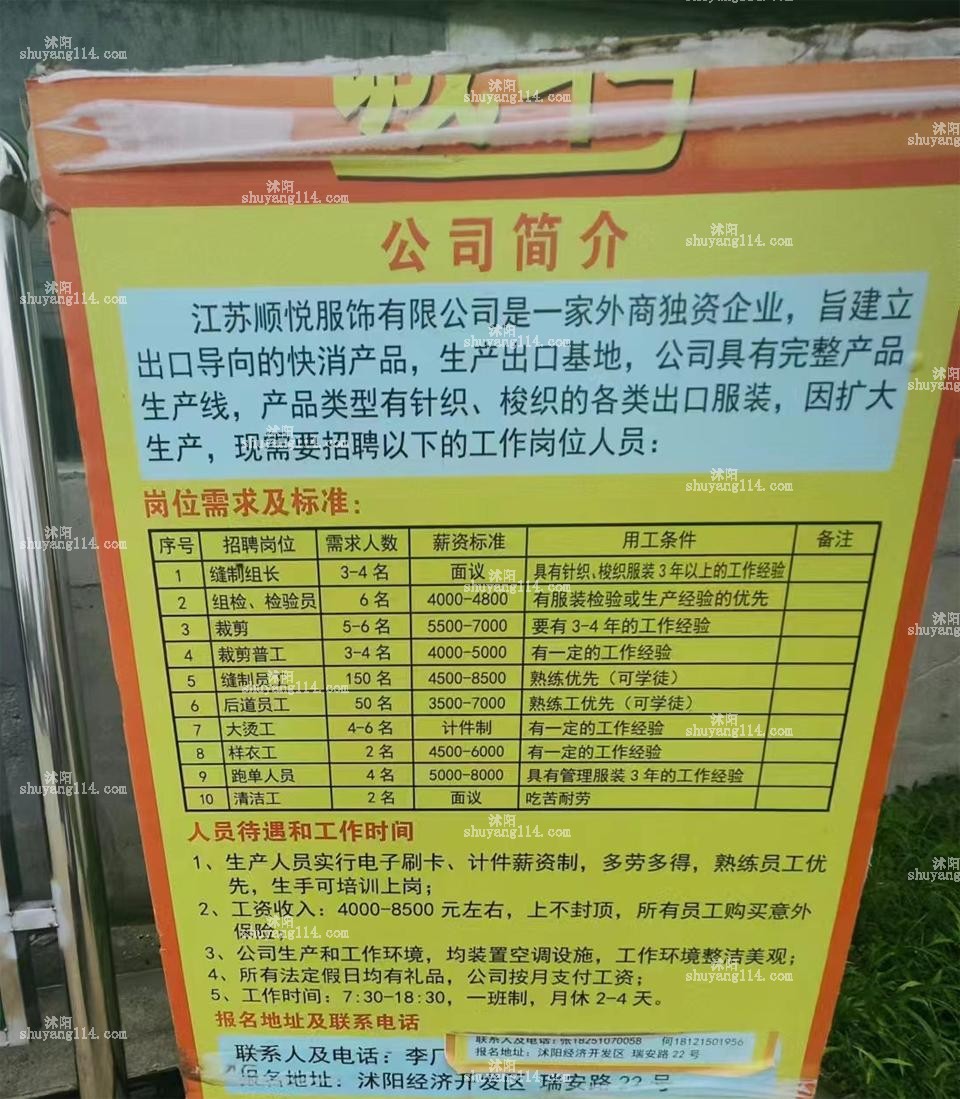 沭阳新东旭最新招聘启事发布